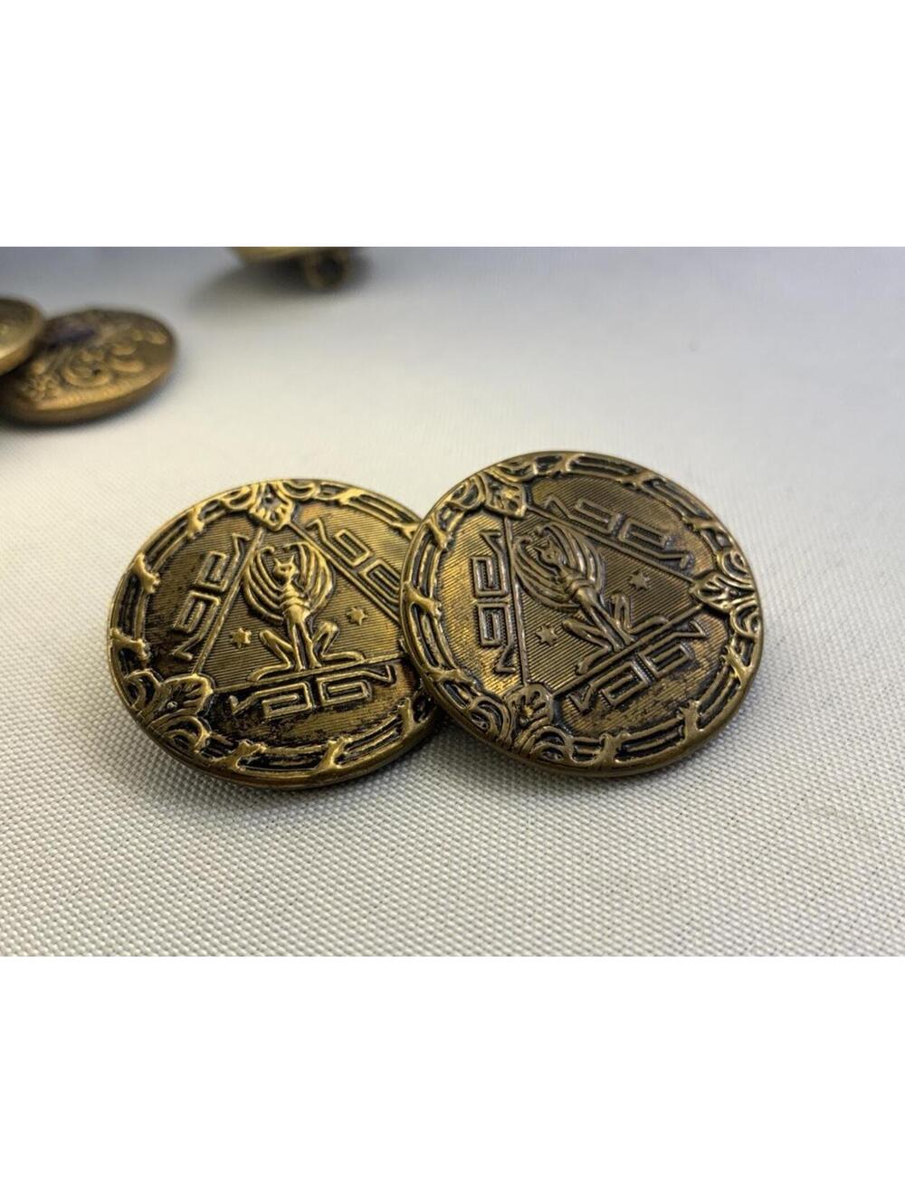 Set 2 VTG Metal WINGED ANUBIS Egyptian Dog Button Brass Hieroglyphic Gargoyle